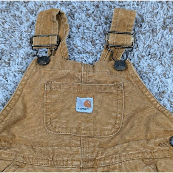Carhartt Baby Bib Overalls Double Knee Size 12M Months Brown Snap Closure Canvas - Picture 5 of 9